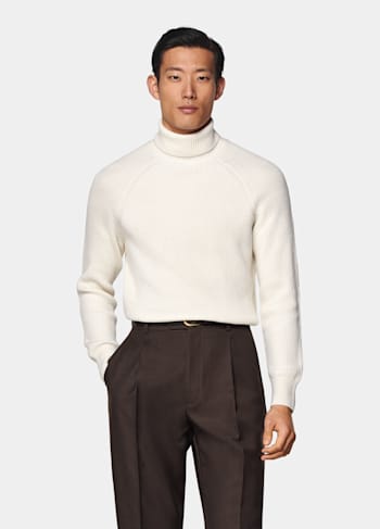 Merino Rollkragenpullover off-white Rippstrick