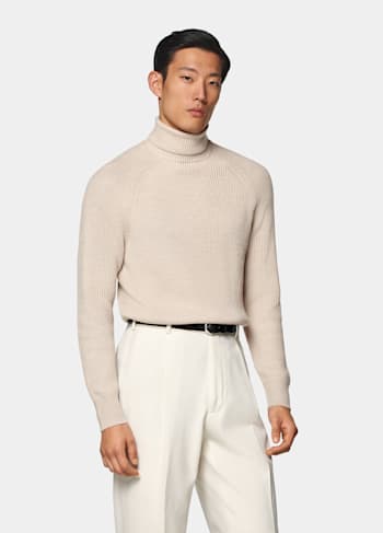 Sand Merino Ribbed Turtleneck