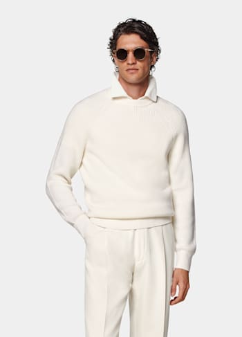 Merino Rundhalspullover off-white Rippstrick