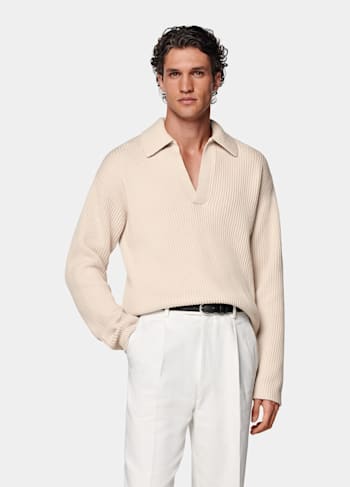 Sand Ribbed Long Sleeve Buttonless Polo