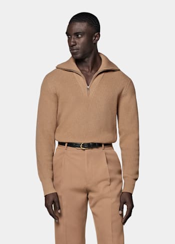 Mid Brown Ribbed Half Zip