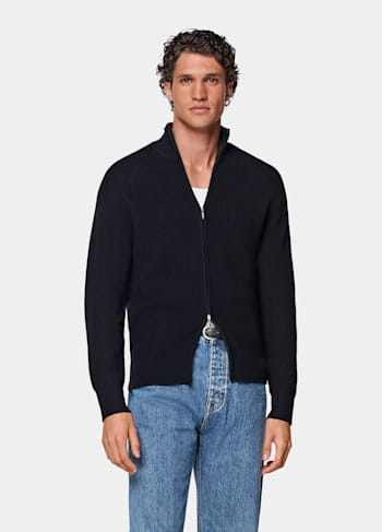 Navy Ribbed Zip Cardigan
