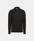Polo in merino a maniche lunghe marrone scuro a coste