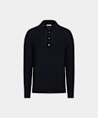 Navy Ribbed Merino Long Sleeve Polo