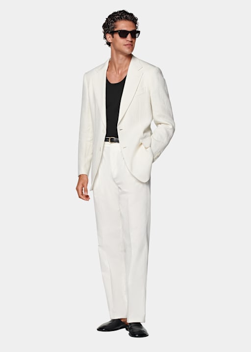 Blue blazer with cheap off white pants