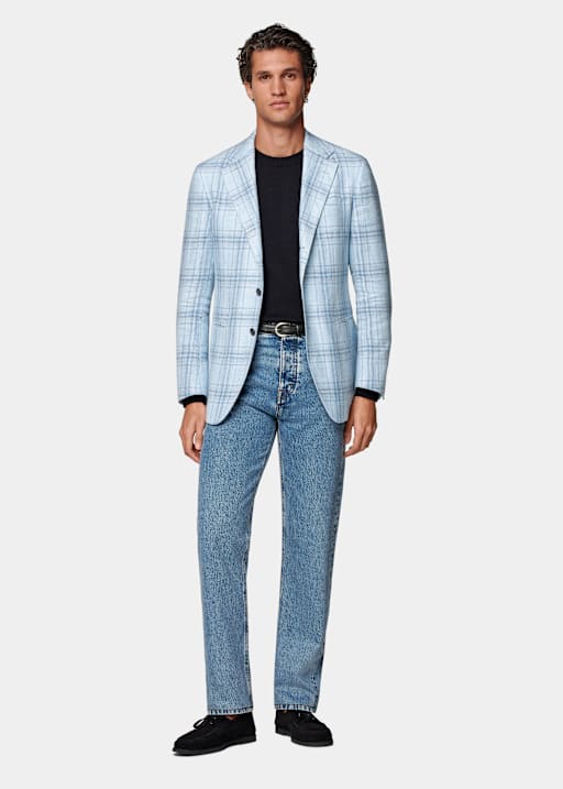 Light Blue Checked Tailored Fit Havana Blazer