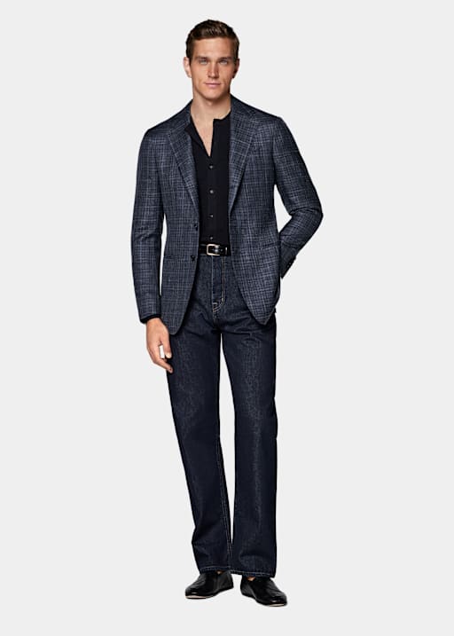 Navy Checked Tailored Fit Havana Blazer