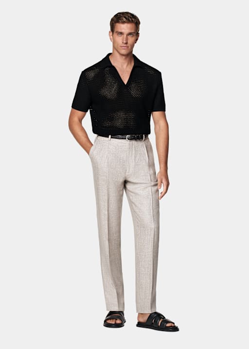 Black Crochet Buttonless Polo