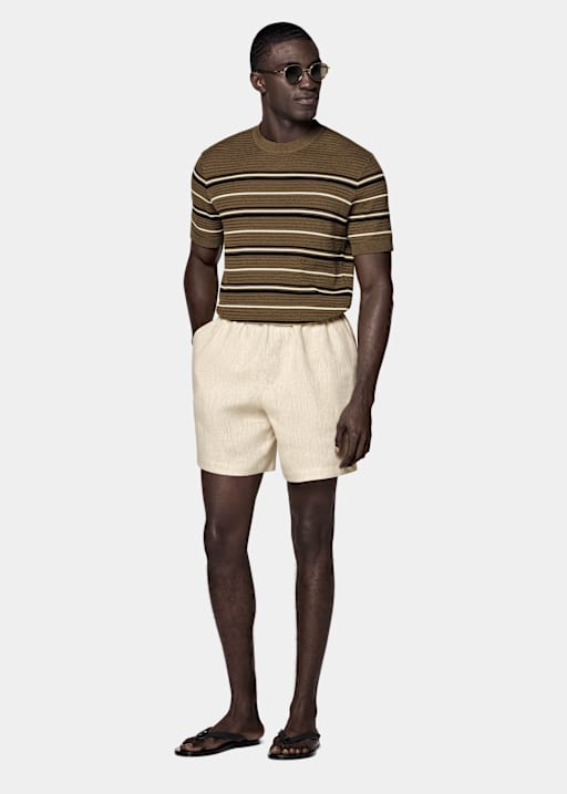 Dark Green Striped Jacquard Short Sleeve Crewneck