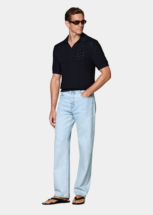 Navy Crochet Buttonless Polo