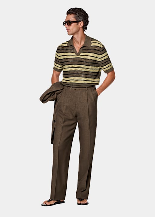 Mid Green Striped Crochet Buttonless Polo