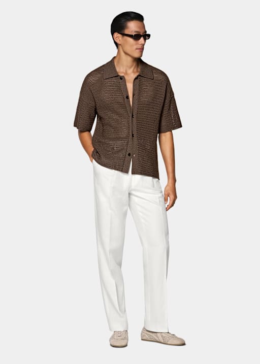 Mid Brown Crochet Polo Cardigan