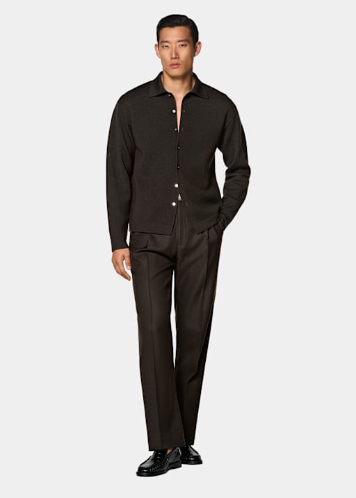 Dark Brown Long Sleeve Polo Cardigan