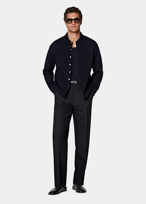 Navy Polo Cardigan met Lange Mouwen
