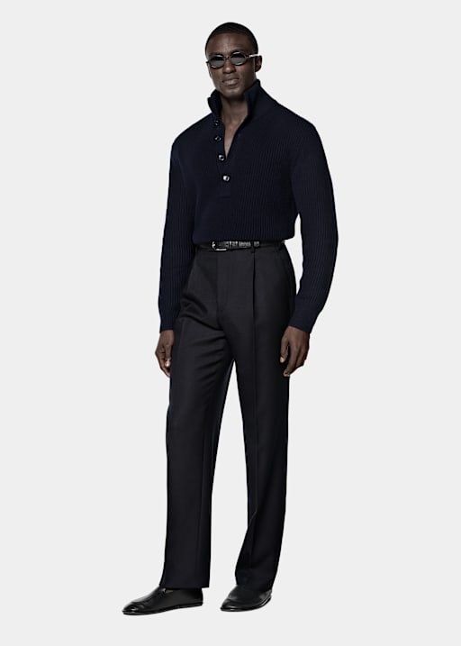 Navy Ribbed Long Sleeve Funnel-Neck