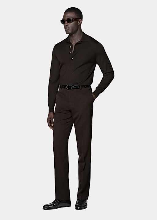 Dark Brown Merino Long Sleeve Polo