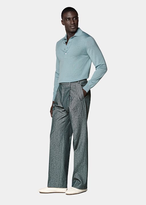 Light Blue Merino Long Sleeve Polo