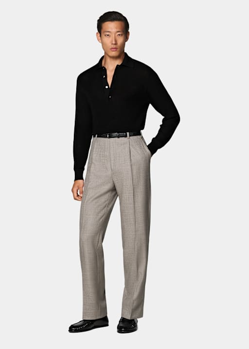 Black Ribbed Merino Long Sleeve Polo