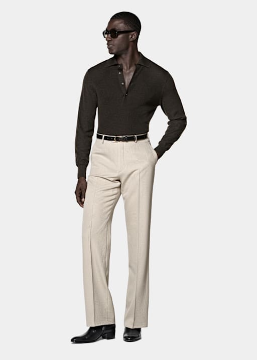 Dark Brown Ribbed Merino Long Sleeve Polo