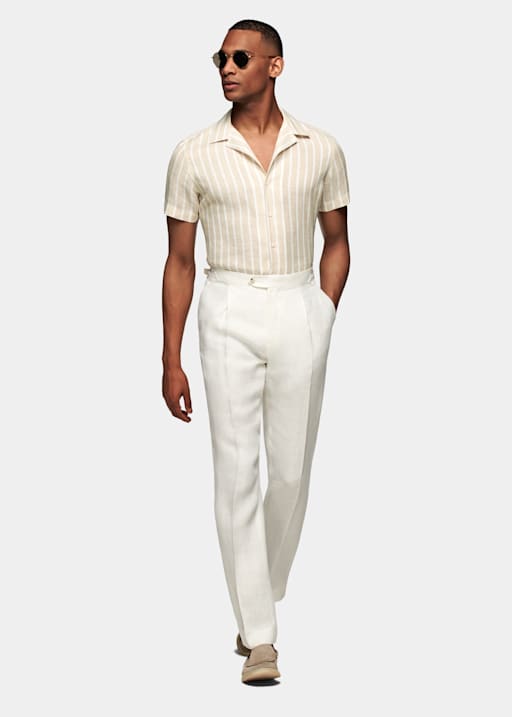 Light Brown Striped Camp Collar Slim Fit Shirt