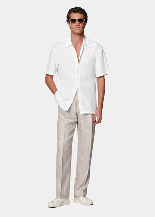 White Striped Tailored Fit Short Sleeve Shirt