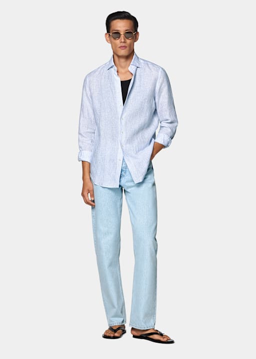 Mid Blue Striped Linen Shirt