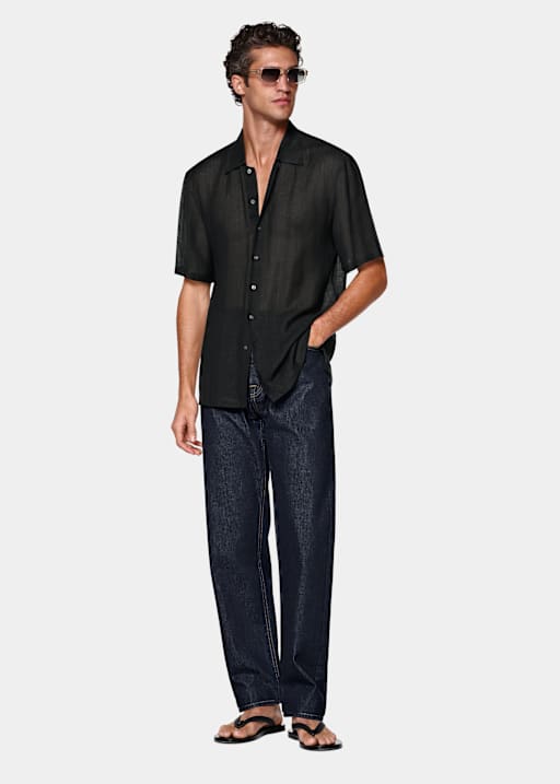 블랙 비스코스 린넨 반팔 셔츠