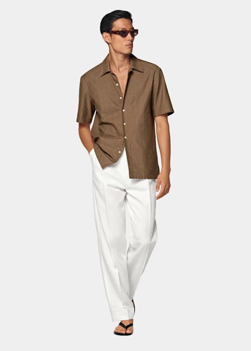 미드 브라운 순면 반소매 셔츠