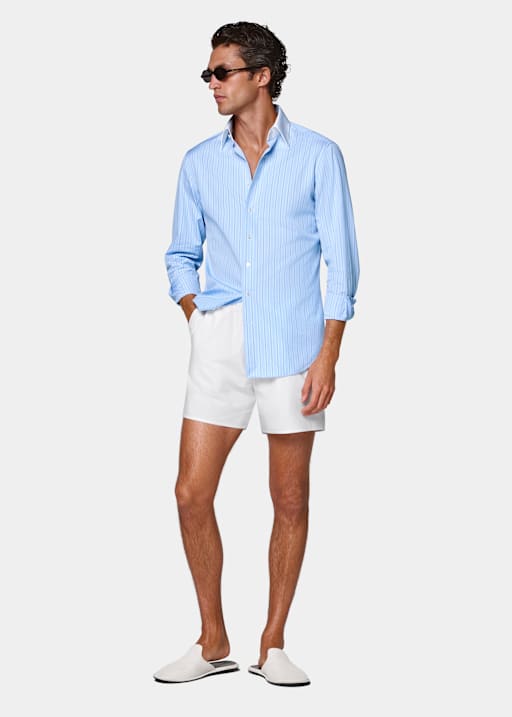 Chemise &agrave; col &agrave; point rayures bleu clair