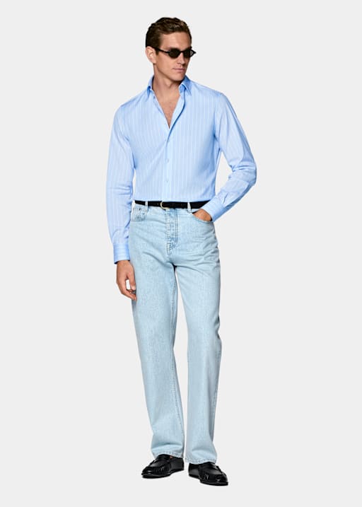 Light Blue Striped Classic Collar Shirt