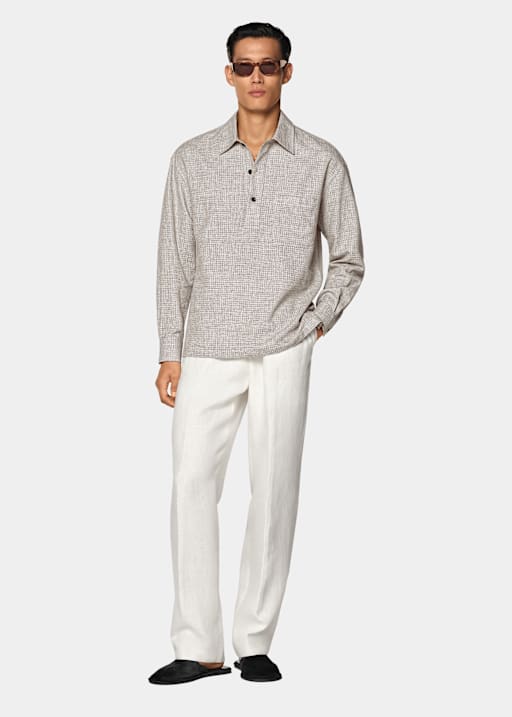 Mid Brown Checked Linen Cotton Blend Popover Shirt