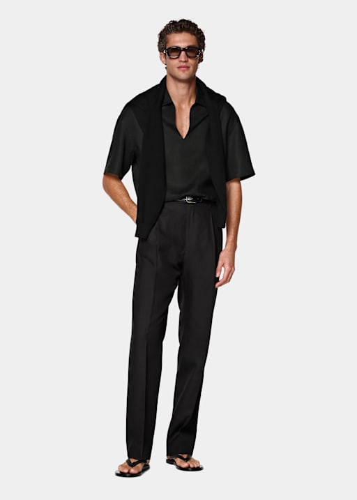Black Linen Popover Short Sleeve Shirt