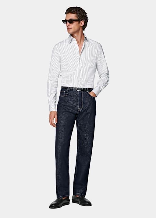 White Striped Point Collar Shirt