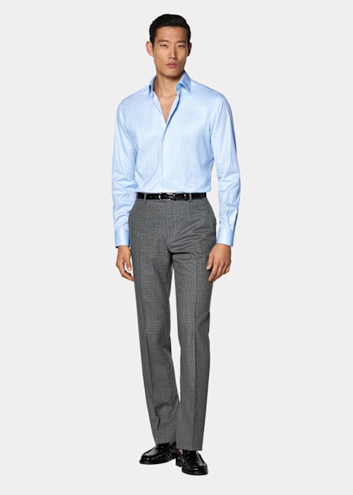 Mid Blue Striped Widespread Collar Shirt