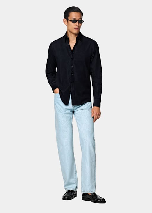 Chemise en velours c&ocirc;tel&eacute; bleu marine