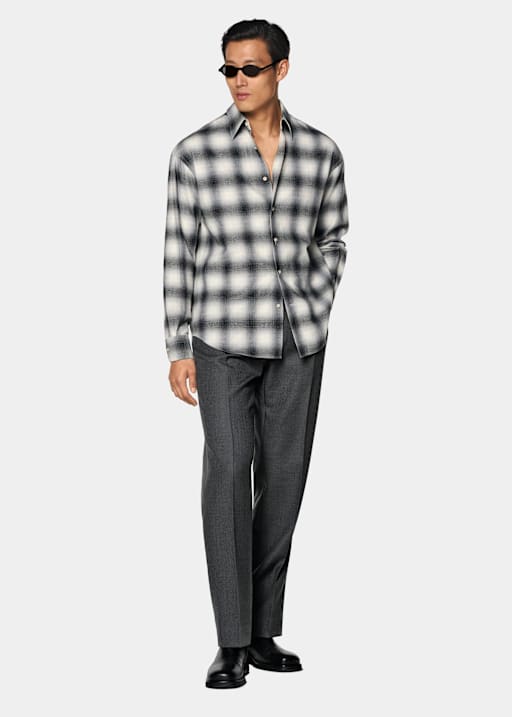 Chemise &agrave; carreaux gris fonc&eacute; en coton et cachemire