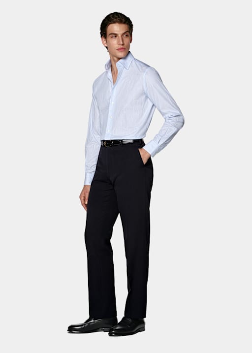 Mid Blue Striped Classic Collar Shirt