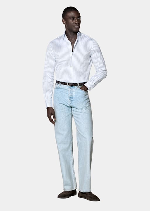 Mid Blue Striped Classic Collar Shirt