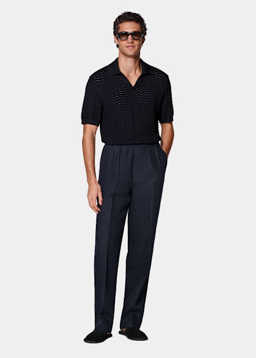 Navy Wide Leg Straight Trousers
