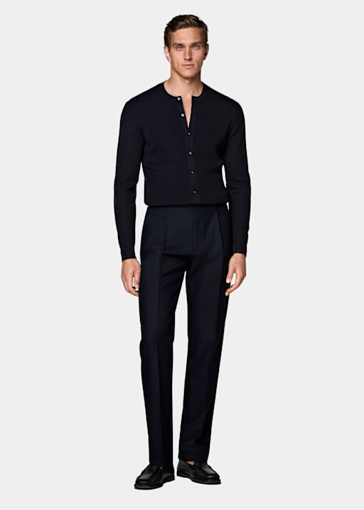 Navy Wide Leg Tapered Suit Trousers