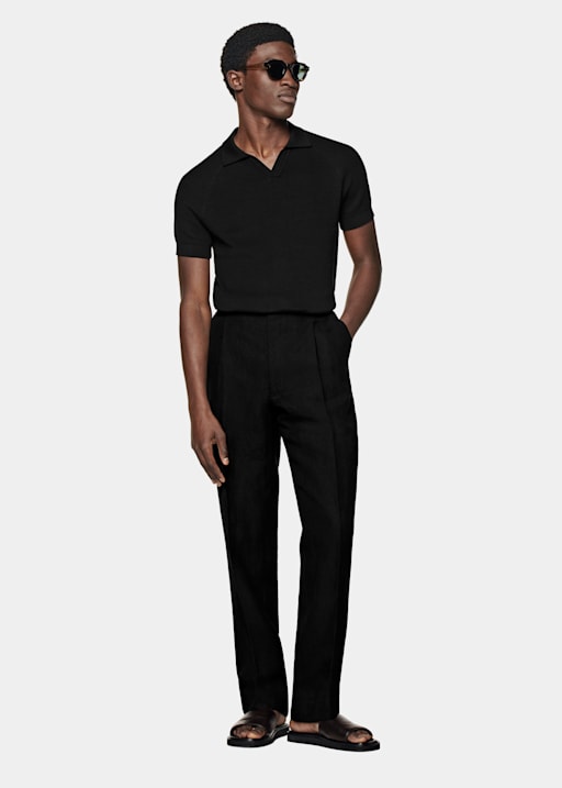 Black Ribbed Buttonless Polo