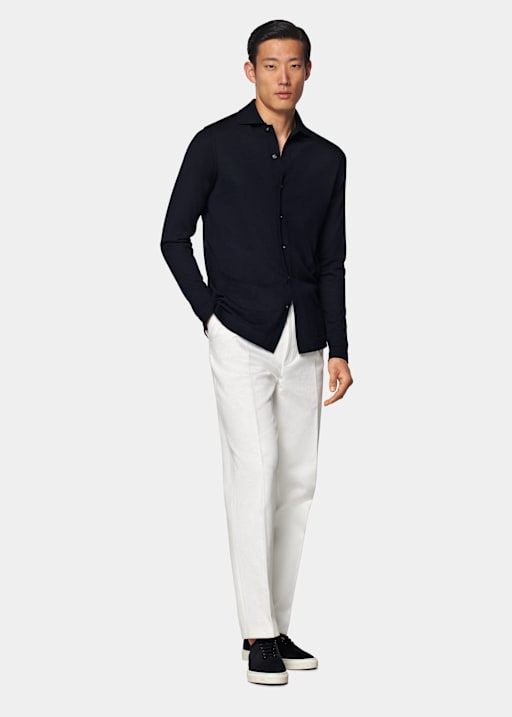 Navy Merino Long Sleeve Polo Cardigan