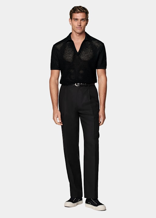 Black Crochet Buttonless Polo