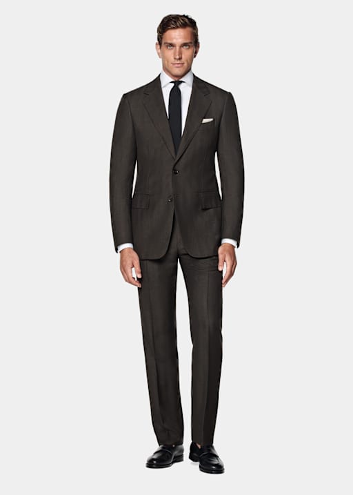 Dark Brown Herringbone Tailored Fit Milano Suit
