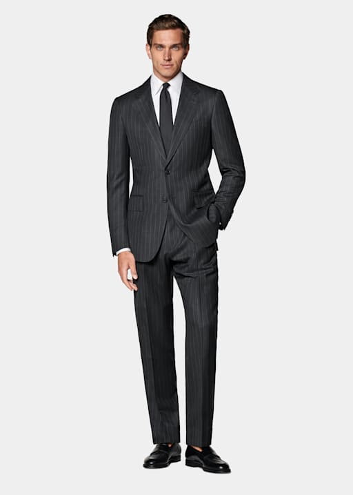 Dark Grey Striped Tailored Fit Milano Suit