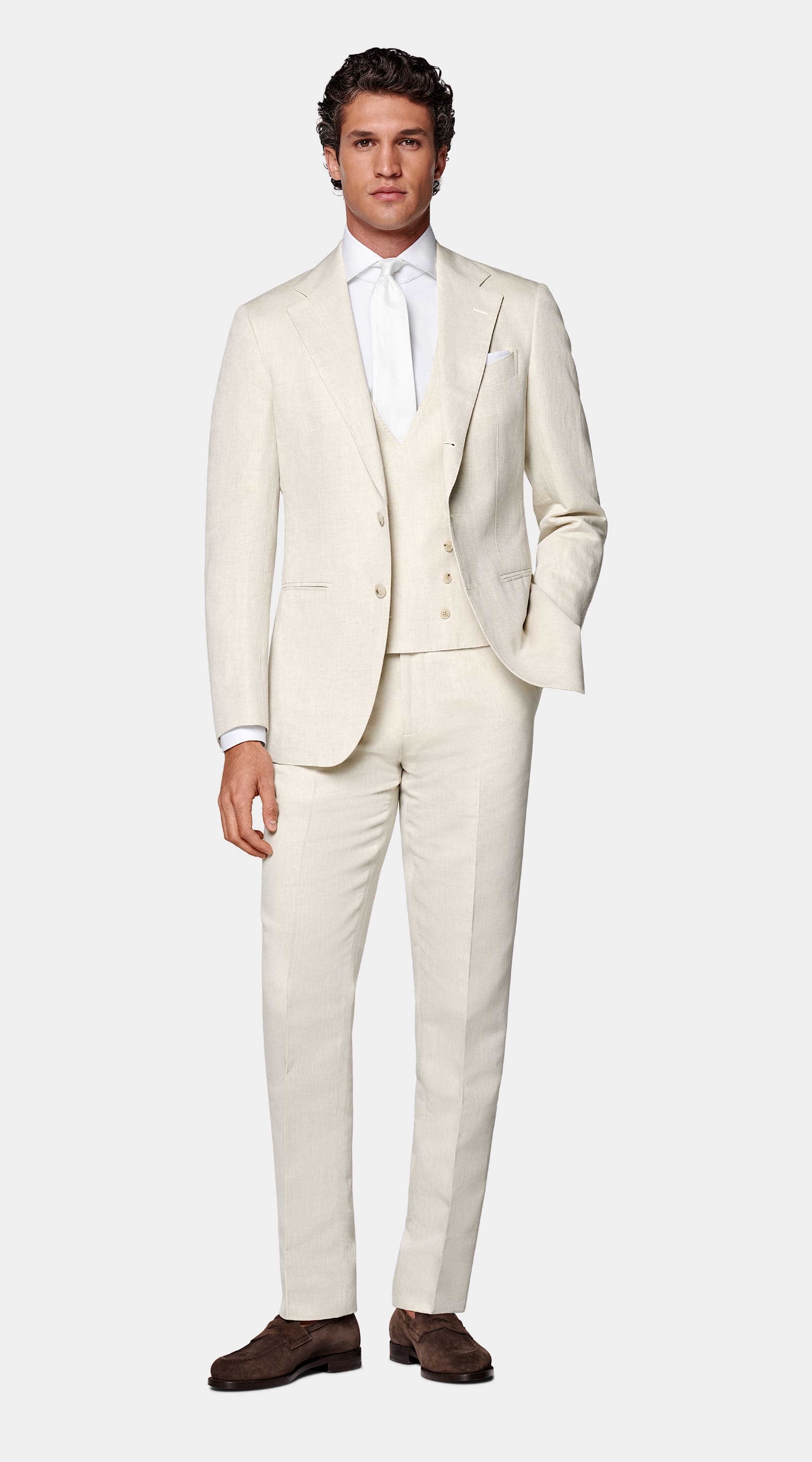 SUITSUPPLY Summer Linen Cotton by Di Sondrio, Italy Sand Three-Piece Tailored Fit Havana Suit