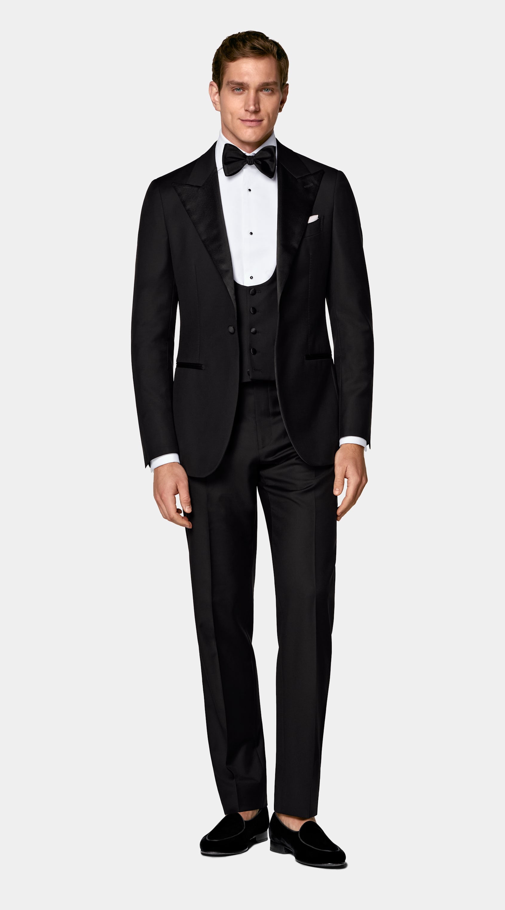 SUITSUPPLY All season Pure laine S110 par Vitale Barberis Canonico, Italie Smoking Havana trois pièces coupe Tailored noir