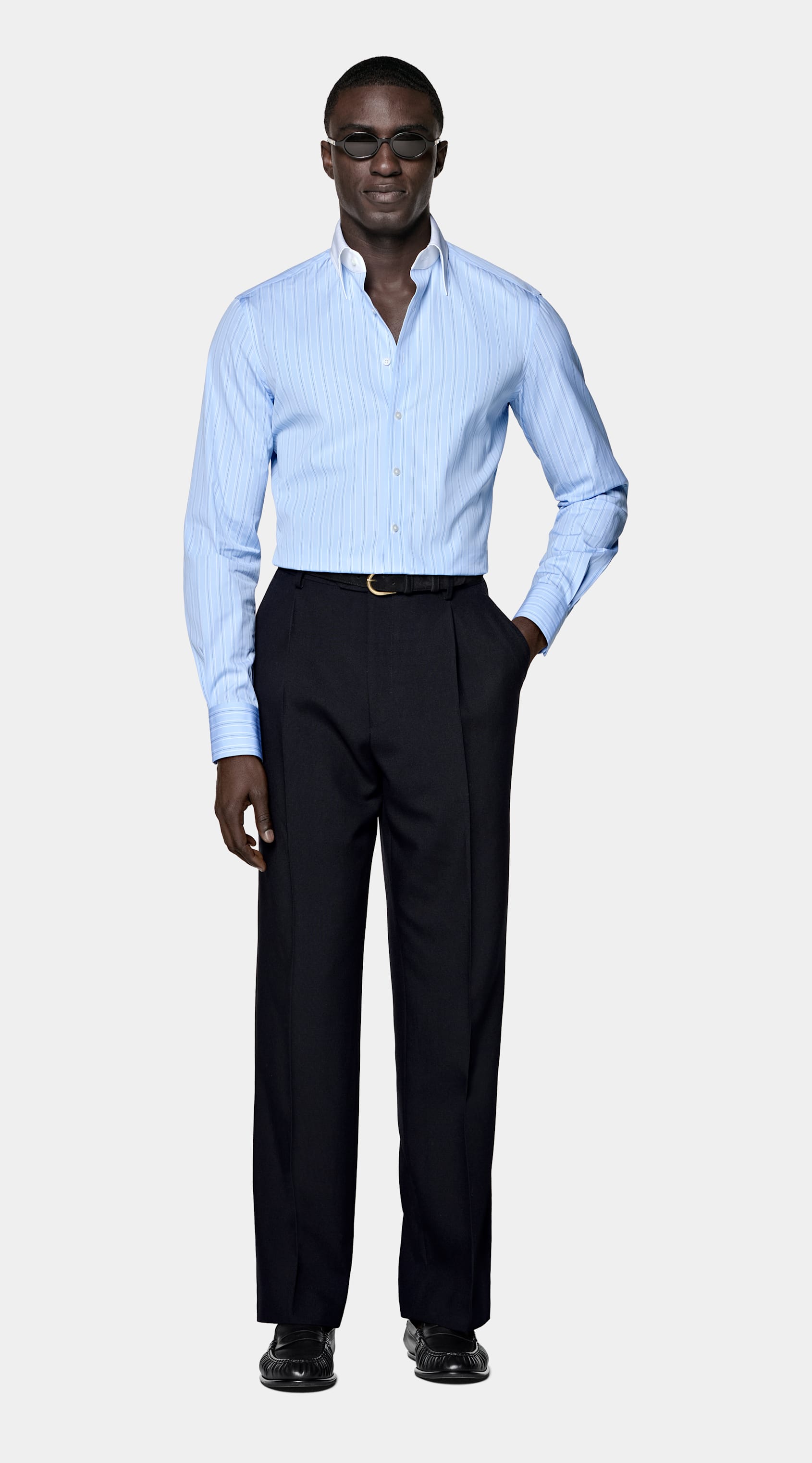 SUITSUPPLY Egyptian Cotton by Thomas Mason, Italy Light Blue Striped Point Collar Shirt