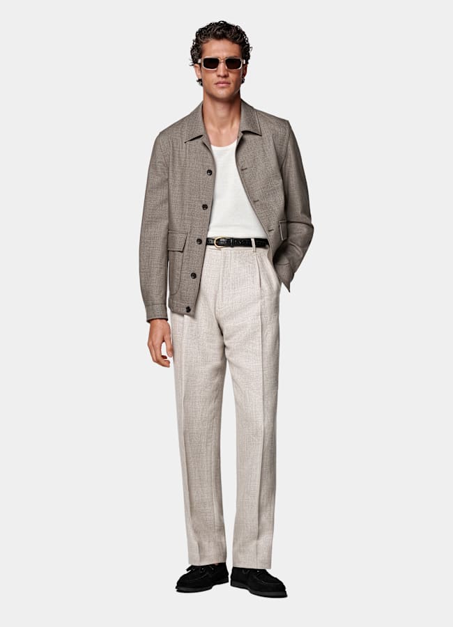 SUITSUPPLY Wrinkle-Free 4-Ply Wool by Rogna, Italy Taupe Bomber Jacket