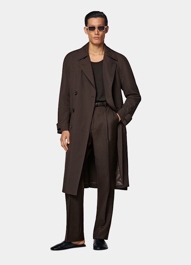SUITSUPPLY Water-Repellent Technical Fabric by Olmetex, Italy Dark Brown Belted Trench Coat